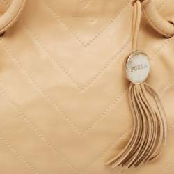 Furla Beige Leather Drawstring Metal Handle Shoulder Bag