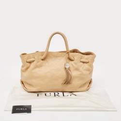 Furla Beige Leather Drawstring Metal Handle Shoulder Bag