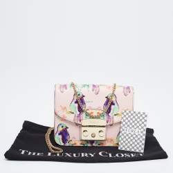 Pre Owned Furla Pink/Multicolor Bird Print Leather Mini Metropolis Crossbody Bag