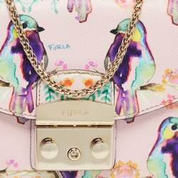 Pre Owned Furla Pink/Multicolor Bird Print Leather Mini Metropolis Crossbody Bag