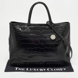 Pre Owned Furla Black Croc Embossed Leather Zip Tote