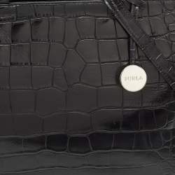 Pre Owned Furla Black Croc Embossed Leather Zip Tote