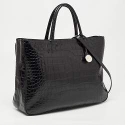 Pre Owned Furla Black Croc Embossed Leather Zip Tote