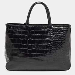 Pre Owned Furla Black Croc Embossed Leather Zip Tote