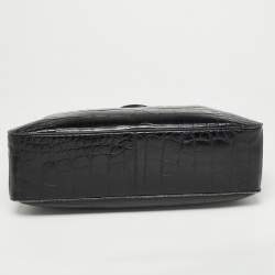 Pre Owned Furla Black Croc Embossed Leather Zip Tote