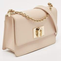 Pre Owned Furla Beige Leather Bakare Flip Lock Shoulder Bag