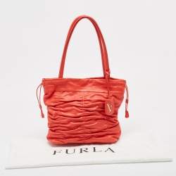 Pre Owned Furla Orange Pleated Leather Tote