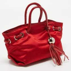 Furla Red Satin and Patent Leather Baguette Bag