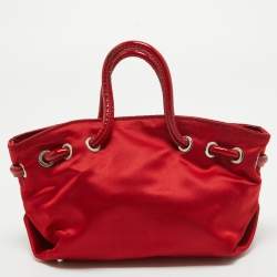 Furla Red Satin and Patent Leather Baguette Bag