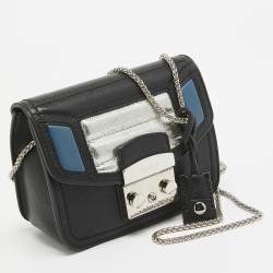 Pre Owned Furla Black/Silver Leather Metropolis Shoulder Bag