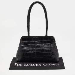 Pre Owned Furla Black Croc Embossed Leather Vintage Shoulder Bag