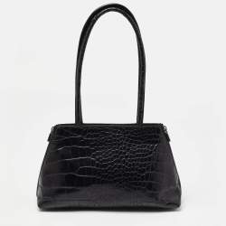 Pre Owned Furla Black Croc Embossed Leather Vintage Shoulder Bag
