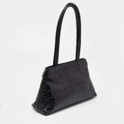 Pre Owned Furla Black Croc Embossed Leather Vintage Shoulder Bag