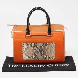 Furla Orange/Brown Rubber and Snakeskin Embossed Leather Candy Satchel