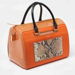 Furla Orange/Brown Rubber and Snakeskin Embossed Leather Candy Satchel