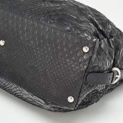 Furla Black Python Embossed Leather Expandable Zip Satchel