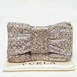 Furla Grey/Silver Snakeskin Embossed Leather Bow Clutch