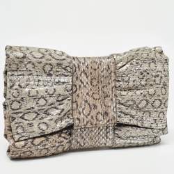 Furla Grey/Silver Snakeskin Embossed Leather Bow Clutch