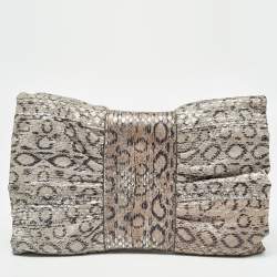 Furla Grey/Silver Snakeskin Embossed Leather Bow Clutch
