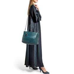 Furla Dark Green Croc Embossed Leather Practica Tote