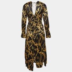 Pre Owned Ganni Black Printed Stretch Satin Ruched Midi Dress S