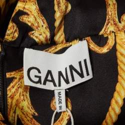 Pre Owned Ganni Black Printed Stretch Satin Ruched Midi Dress S