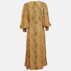 Ganni Yellow Leopard Print Crepe Buttoned Midi Dress M