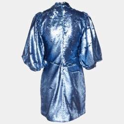 Ganni Blue Sequined High Neck Mini Dress S