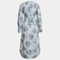 Pre Owned Ganni Blue Floral Print Cotton Shirring Detail Midi Dress XS