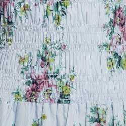 Pre Owned Ganni Blue Floral Print Cotton Shirring Detail Midi Dress XS