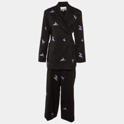 Ganni Charcoal Grey Embroidered Wool Wrap Blazer & Pants Set M