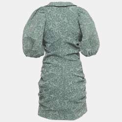 Pre Owned Ganni Green Rose Jacquard Ruched Button Front Mini Dress M