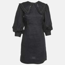 Pre Owned Ganni Black Linen Metal Studded Mini Dress S