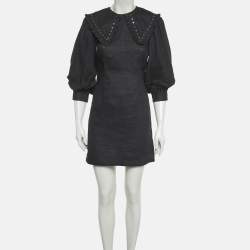 Pre Owned Ganni Black Linen Metal Studded Mini Dress S