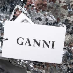 Pre Owned Ganni Silver Synthetic Sonora Sequin Collar Maxi Dress S