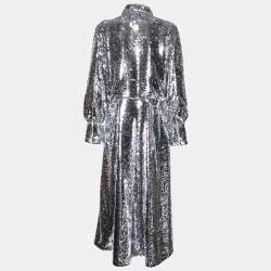 Pre Owned Ganni Silver Synthetic Sonora Sequin Collar Maxi Dress S