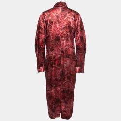 Pre Owned Ganni Red Snake Print Silk-Satin Collared Midi Dress M