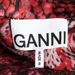 Pre Owned Ganni Red Snake Print Silk-Satin Collared Midi Dress M