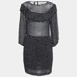 Ganni Black Polka Dotted Crepe Belleville Short Dress XL