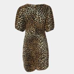Pre Owned Ganni Brown Animal Printed Mesh Ruched Mini Dress S