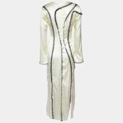 Pre Owned Ganni Yellow Printed Silk Satin Lace Trim Slited Maxi Dress M