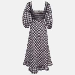 Pre Owned Ganni Black/Sweet Lilac Checked Cotton Blend Smocked Seersucker Maxi Dress XS