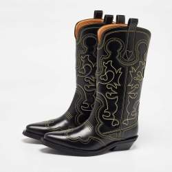 Pre Owned Ganni Black Leather Contrast Stitch Mid Calf Cowboy Boots Size 38