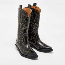 Pre Owned Ganni Black Leather Contrast Stitch Mid Calf Cowboy Boots Size 38