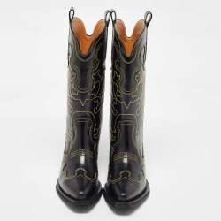 Pre Owned Ganni Black Leather Contrast Stitch Mid Calf Cowboy Boots Size 38