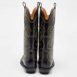 Pre Owned Ganni Black Leather Contrast Stitch Mid Calf Cowboy Boots Size 38