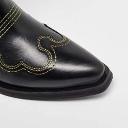 Pre Owned Ganni Black Leather Contrast Stitch Mid Calf Cowboy Boots Size 38