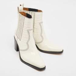 Pre Owned Ganni White Croc Embossed Patent Leather Callie Ankle Boots Size 40