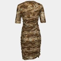 Pre Owned Ganni Brown Snake Print Jersey Ruched Mini Dress S