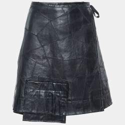 Ganni Black Patchwork Leather Wrap Around Mini Skirt XL 